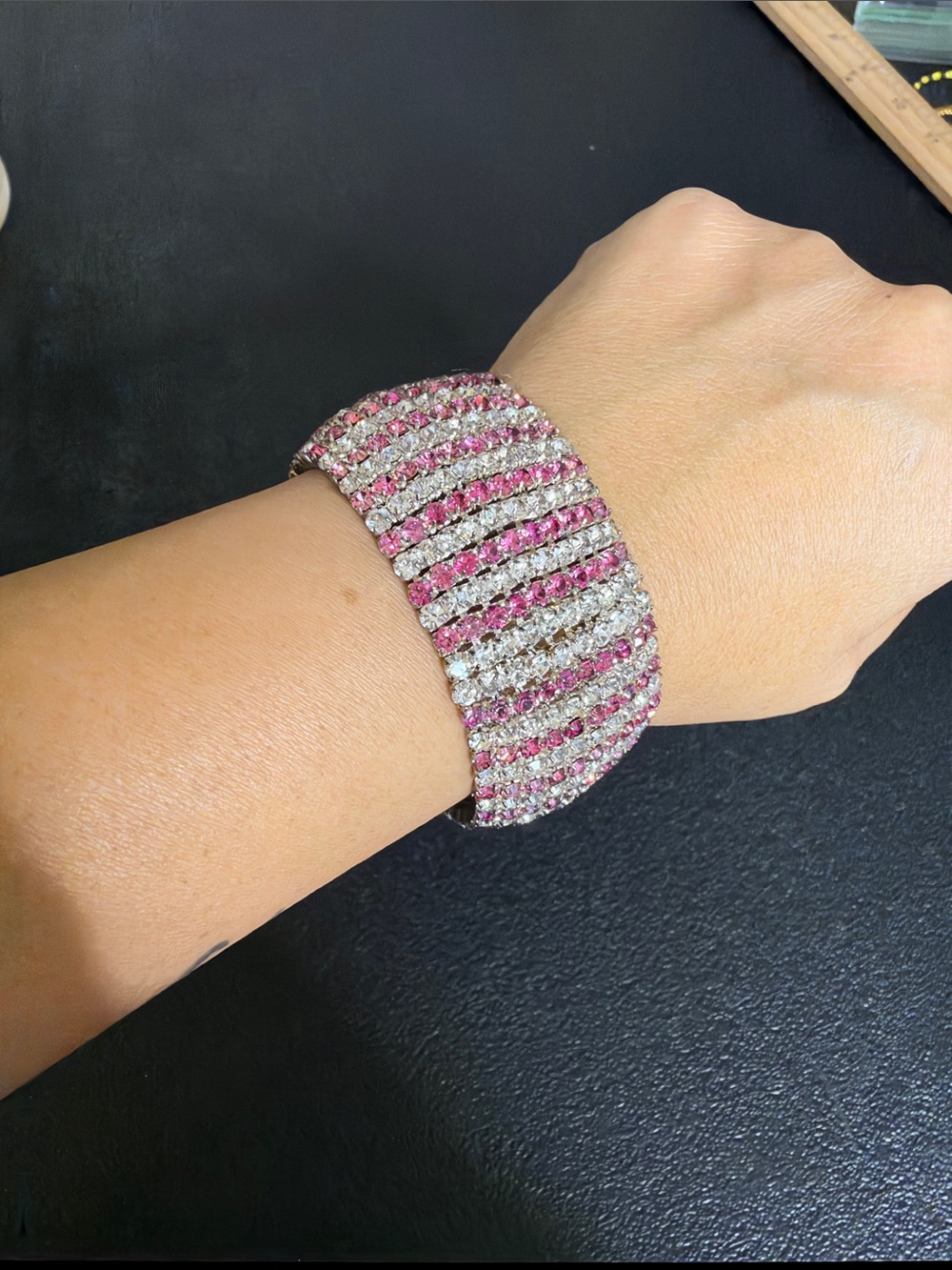 Elegant Bling Crystal & Pink Rhinestone Cuff Stretch Bracelet - Women